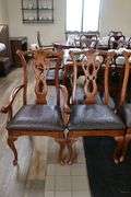 Times 6 - ornate dining room chairs (2 are captains) with black vinyl padded seats
