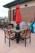Patio set - 36" x 36" Grosfilex patio table with 4 chairs and umbrella and weights