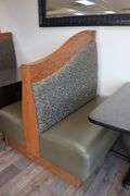 Times 3 - solid oak framed 4 passenger booth openings with vinyl padded backs and seats with single pedestal tables