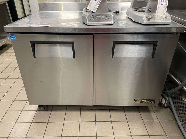 True TWT-48 refrigerated 2 door under counter cooler with stainless work top
