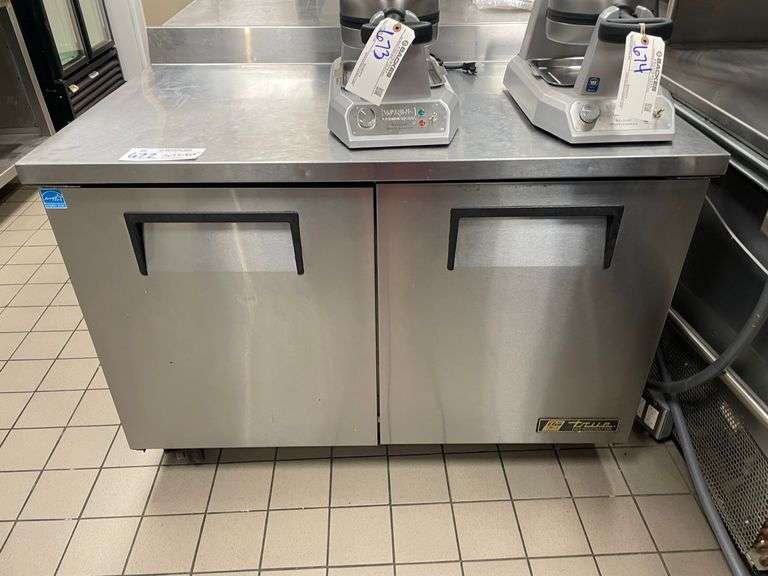 True TWT-48 refrigerated 2 door under counter cooler with stainless work top