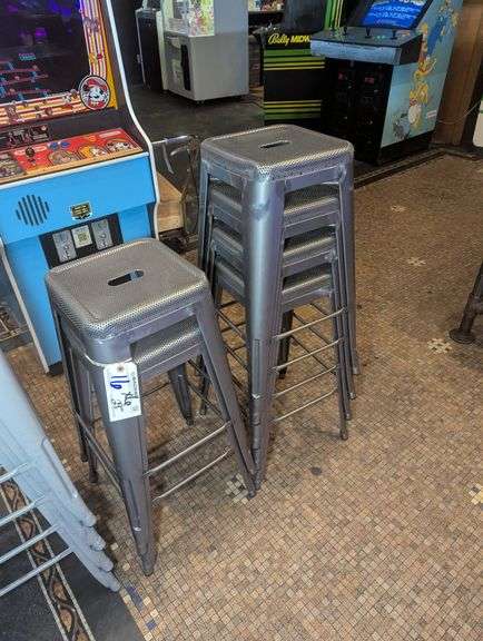 Times 6 - 29" tall silver metal bistro style stools with mesh metal tops - nice