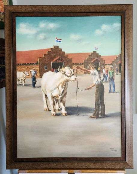 Reproduction by JRS Professional Restoration of an early 80’s late 70’s 29”x37” Charolais oil painting by Ann Bishop - This fine art Giclee canvas print is a replica of the original commissioned work by Ann Bishop.