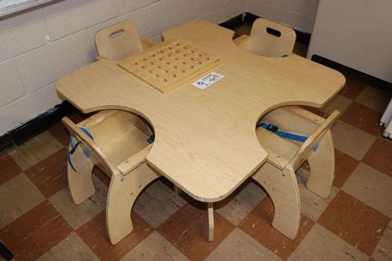Lakeshore 36" x 36" maple wood childs table with 4 matching chairs