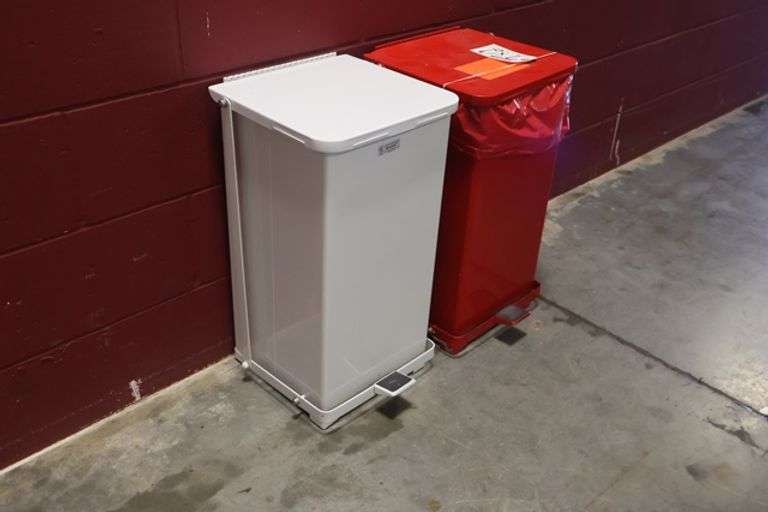 Times 2 - Tan & Red metal foot flip lid trash cans