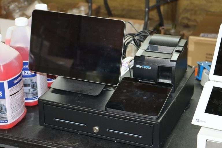 Square D POS system with touch screen monitor, touch screen credit card machine pad, slip printer, & cash drawer
