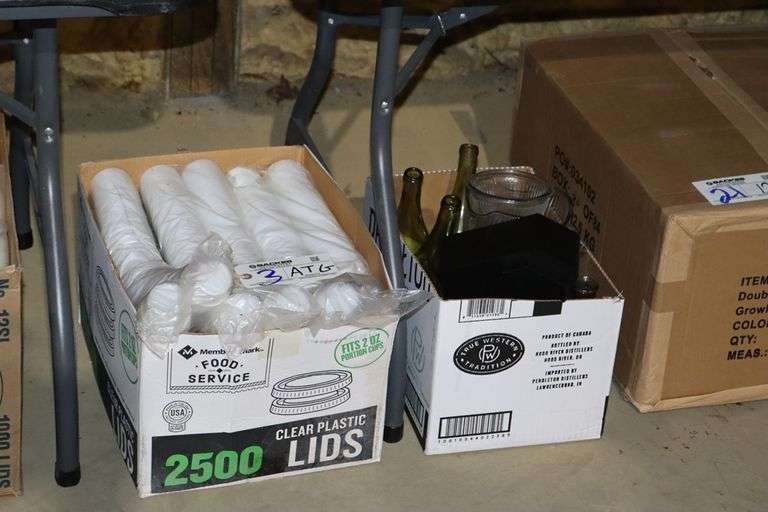 2 boxes to go - Assorted jars/bottles & 3 sleeves of 2 oz. portion cups with 3/4 case of lids