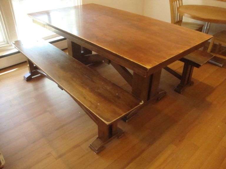 Well Built Solid Trestle Style Farm Table with benches, benches need work for sitting surface, approx. 72" x 40" x 30" tall