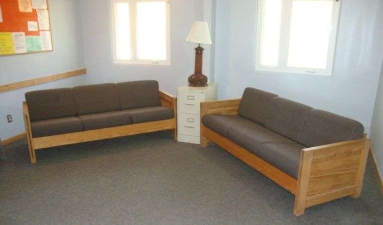 Pr of Solid Well Built Fir/Pine Solid Framed Sofas, File Cabinet and Lamp, approx. 76" x 32" x 27" tall Great for deer hunters cabin!