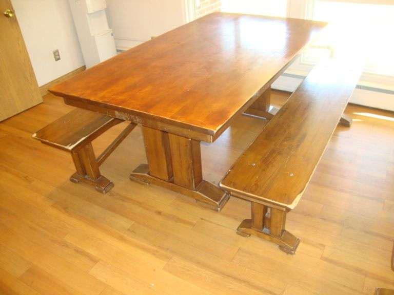 Well Built Solid Trestle Style Farm Table with benches, benches need work for sitting surface, approx. 72" x 40" x 30" tall