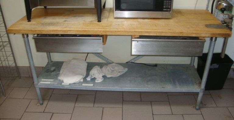 Prep Table w/Butcher Block Top and Edlund Can Opener, approx. 72" x 24" x 36" tall