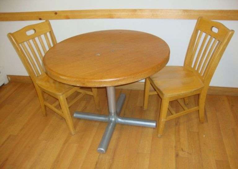 Lot of 38" table and pr of hardwood dining chairs