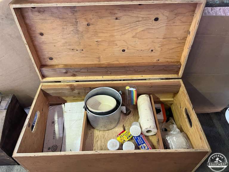 Wood Box w/ Camping Dishes & Supplies