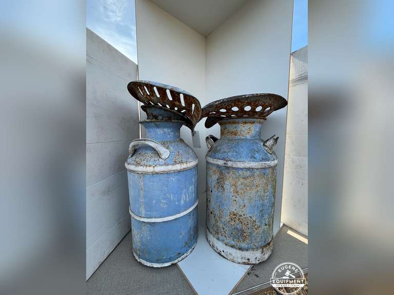 Antique Milk Cans w/ Tractor Seat Lids