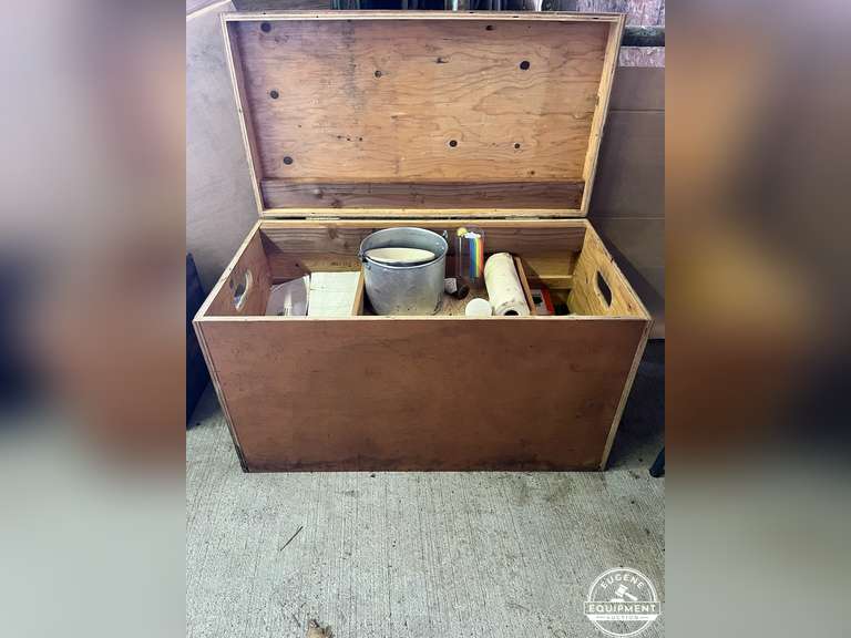 Wood Box w/ Camping Dishes & Supplies