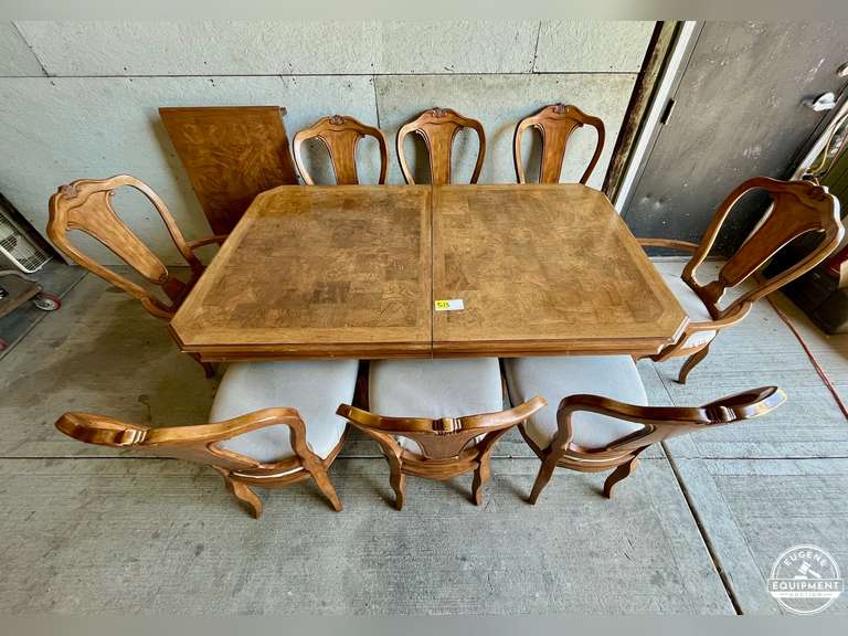 Large Wood Dining Table w/ 8 Chairs & Leaf