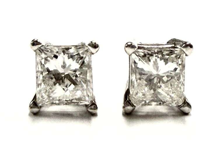14kt Gold Diamond Earrings, Each Is A 1/2 Carat Solitaire Princess Cut Diamond w/ Appraisal By Roger's Jewelers
