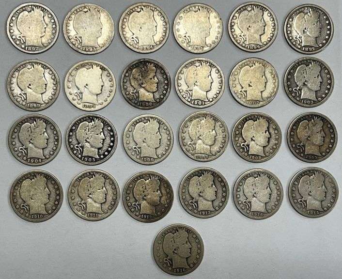 Complete Set By Date Of (25) Barber Quarters