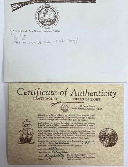 1753 Mexico 1/2 Reale "Pirate Money" w/ COA