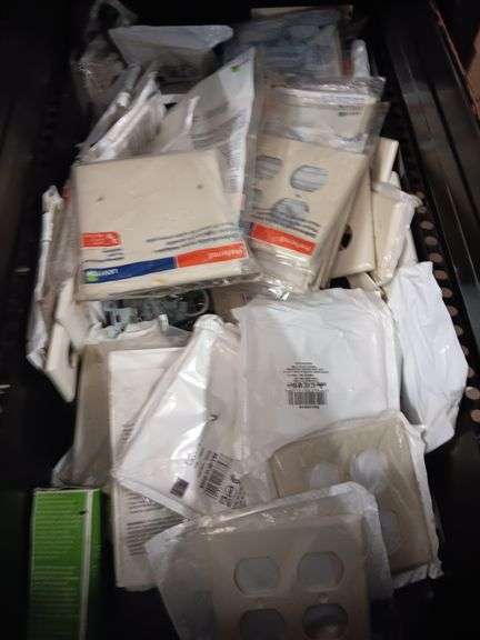 2 Filing Cabinets w/ Outlets, Outlet/Switch Covers, Circuit Breakers & Misc. Electrical Supplies