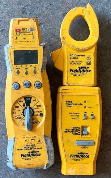 Fieldpiece Misc. Lot, (1) Multimeter w/ Backlight, (1) Sling Psychrometer Head, & (1) AC Current Clamp, Come w/ Bag, All Do Work