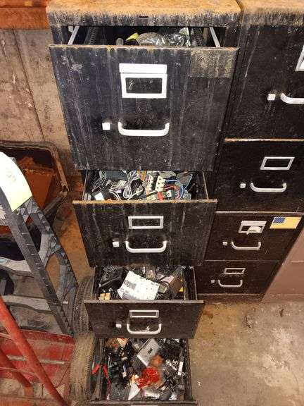 2 Filing Cabinets w/ Outlets, Outlet/Switch Covers, Circuit Breakers & Misc. Electrical Supplies