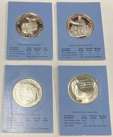 (4) Franklin Mint Solid Sterling Silver Proof Coins, 25 Grams Each, 100 Grams Total