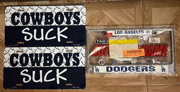 (2) "Cowboys Suck" License Plates & (1) Los Angeles Dodgers License Plate Cover