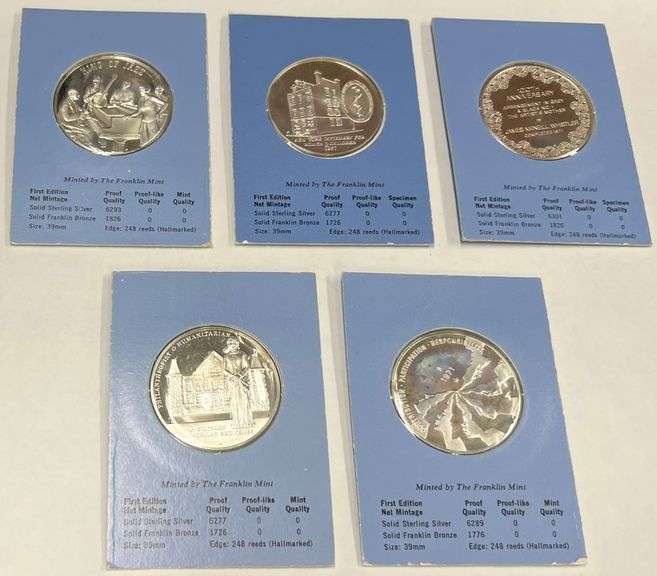 (5) Franklin Mint Solid Sterling Silver Proof Coins, 25 Grams Each, 125 Grams Total