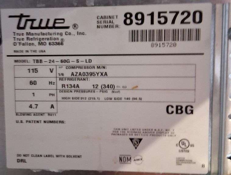 True Bar Refrigerator Model TBB-24-60G-S-LD, Does Work, (61"Lx24-1/2"Wx36"H)