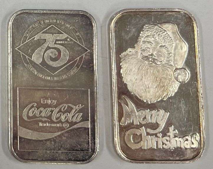 (1) "Merry Christmas" 1oz .999 Silver Bar & (1) Coca-Cola 75th Anniversary 1oz .999 Silver Bar, 2 times the money