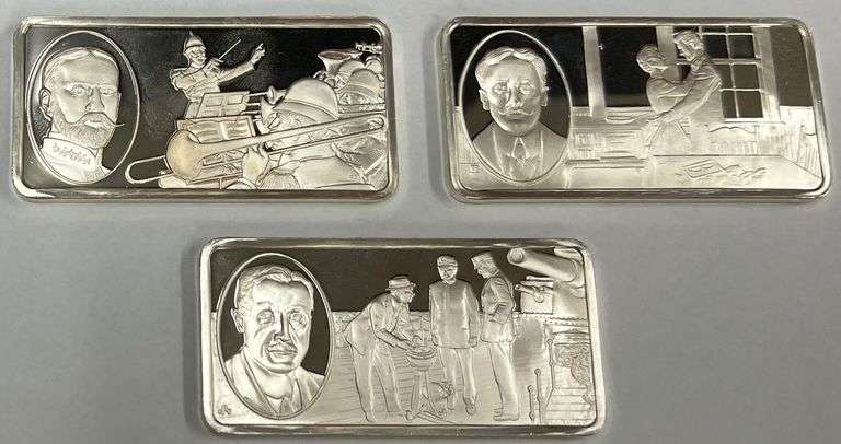 (3) "One Hundred Greatest Americans" Sterling Silver Bars, 102 Grams Total
