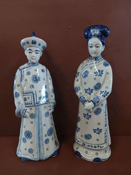 (2) Vintage Chinoiserie Blue & White Asian Figurines, 15" & 15-1/2" Tall