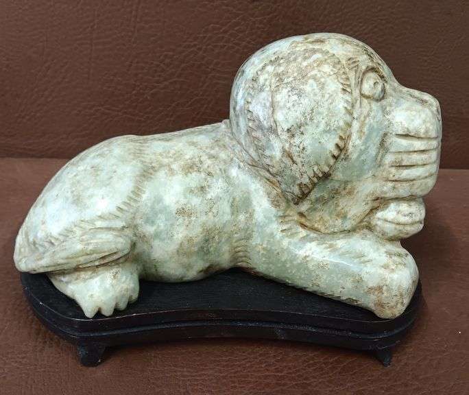 Chinese  6.7lbs Solid Jade Hand Carved Foo Dog w/ Stand