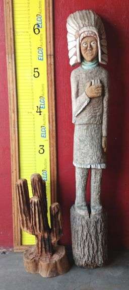 Hand Carved Wooden Cigar Indian, 78" Tall & Cactus 30" Tall
