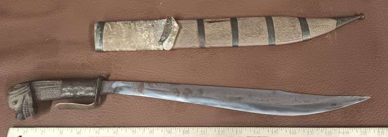Vintage Bolo Knife w/ Wooden Dog Head Handle &  Sheath