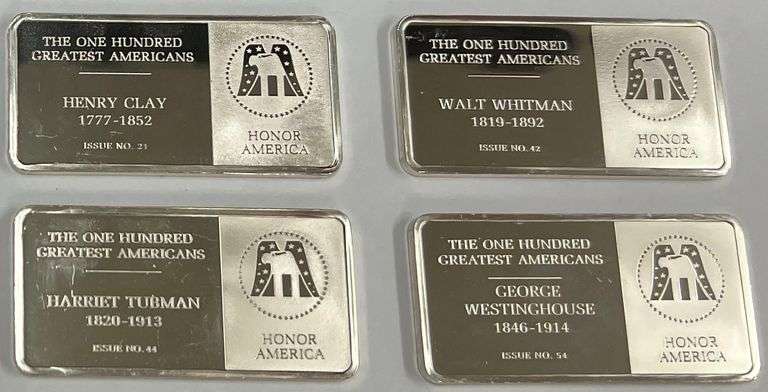 (4) "One Hundred Greatest Americans" Sterling Silver Bars, 34 Grams Each, 136 Grams Total