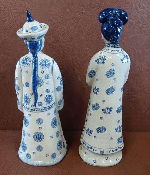 (2) Vintage Chinoiserie Blue & White Asian Figurines, 15" & 15-1/2" Tall
