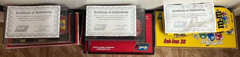 (3) 1:24 Scale Diecast Replica Cars w/ COA's, 1998 Budweiser/Louie Chevrolet Monte Carlo, 1998 Budweiser Chevrolet Monte Carlo, & 1998 M&M's Pontiac Grand Prix, All In Original Packaging