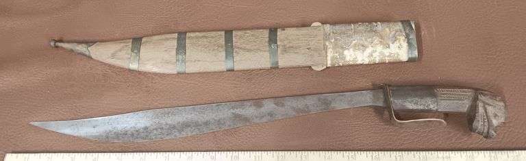 Vintage Bolo Knife w/ Wooden Dog Head Handle &  Sheath
