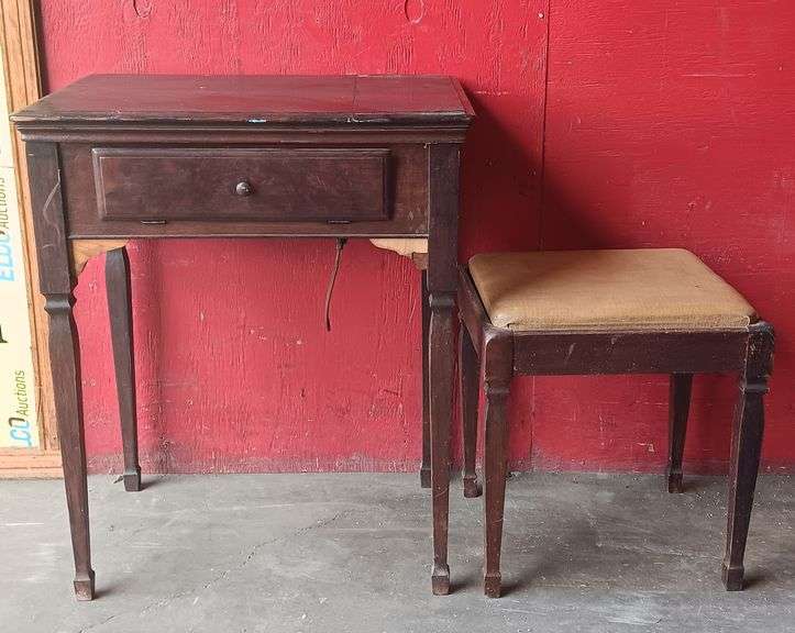 Antique Singer Sewing Machine In Cabinet w/ Stool, Does Work