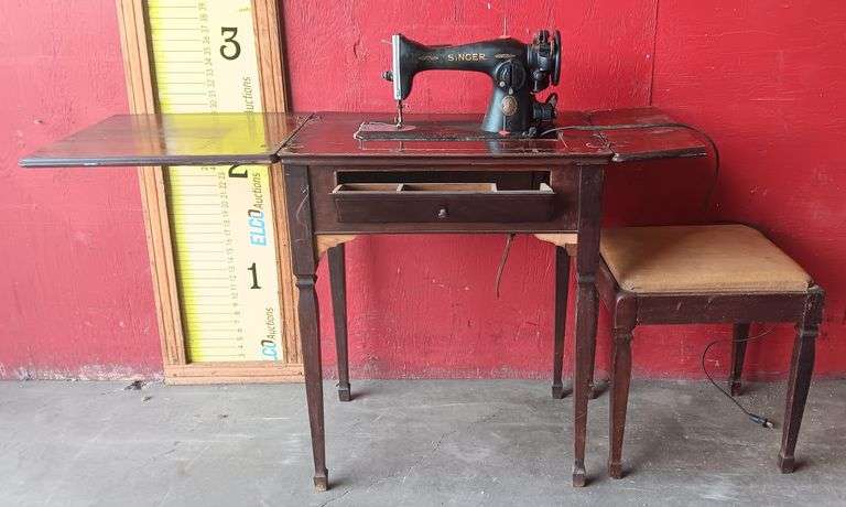 Antique Singer Sewing Machine In Cabinet w/ Stool, Does Work