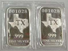 (2) 1/2oz Texas 50 State Minimum .999 Fine Silver Bars, 2 times the money