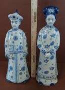 (2) Vintage Chinoiserie Blue & White Asian Figurines, 15" & 15-1/2" Tall