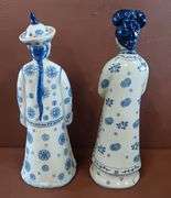 (2) Vintage Chinoiserie Blue & White Asian Figurines, 15" & 15-1/2" Tall