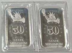(2) 1/2oz Texas 50 State Minimum .999 Fine Silver Bars, 2 times the money