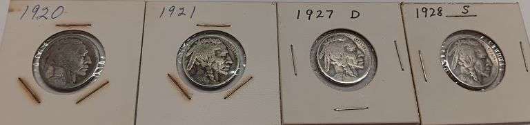 4) Buffalo Nickels, 1920-P, 1921-P, 1927-D & 1928-S, 4 times the moeny