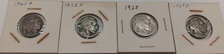 4) Buffalo Nickels, 1920-P, 1925-P, 1928-P & 1929-D, 4 times the money