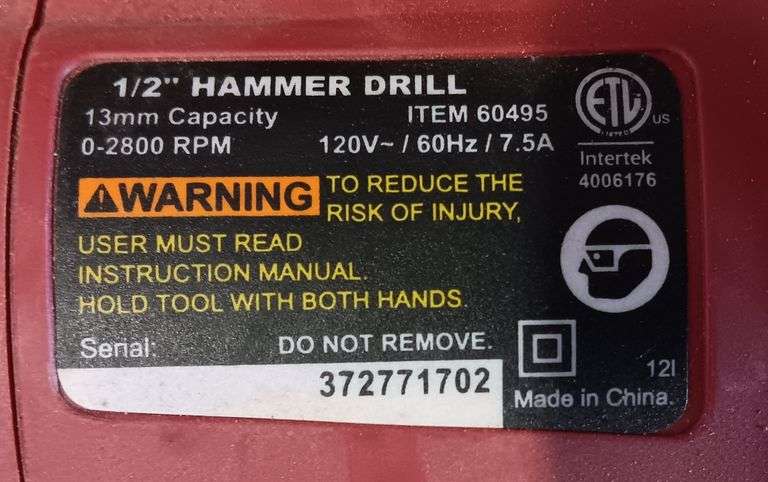 Chicago Electric 1/2" Variable Speed Reversible Hammer Drill, New In Box, Does Work