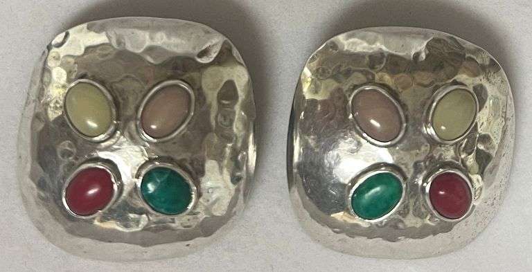 Vintage 1960's  Fer's Mexico Sterling Silver Gemstone Clip On Earrings